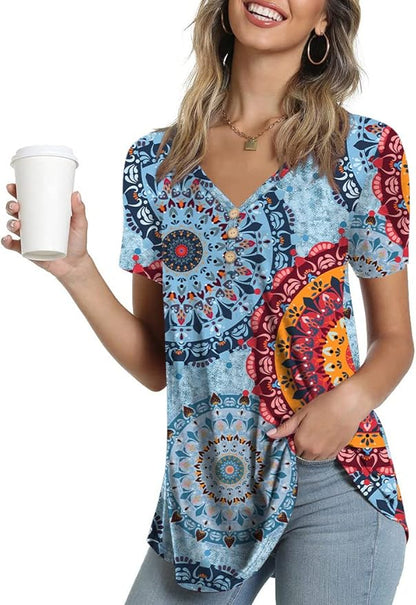 AWULIFFAN Womens Summer Short Sleeve Tunic Tops Loose Fit Casual T-Shirt Button Up Blouses