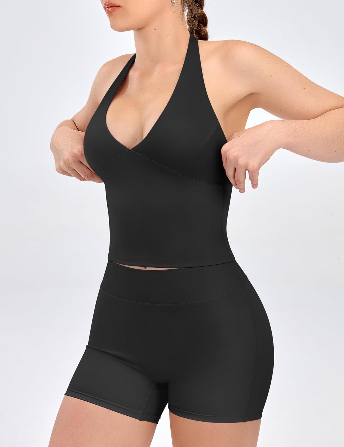 Relety Womens Workout Sets 2 Piece V Neck Halter Crop Top High Waist Scrunch Butt Booty Shorts Backless Gym Yoga Outfits.