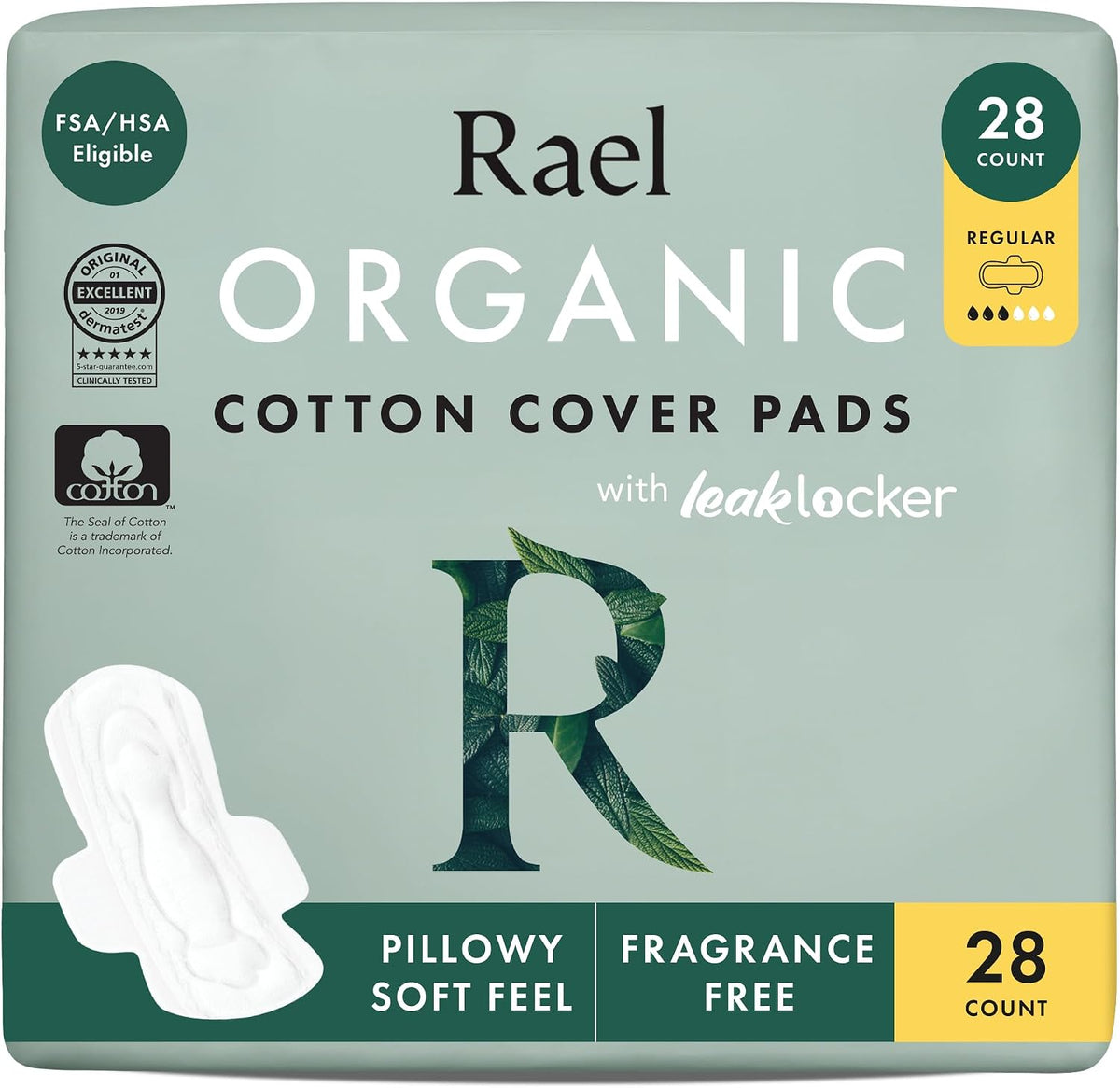 Rael Organic Cotton Cover Pads - Regular Absorbency, Unscented, Ultra Thin Pads with Wings for Women (Regular, 28 Count)