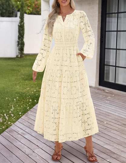 MEROKEETY Women's Fall Long Sleeve Floral Maxi Dress Lace Eyelet Hollow Out Tiered Boho Wedding Guest Dresses Pockets