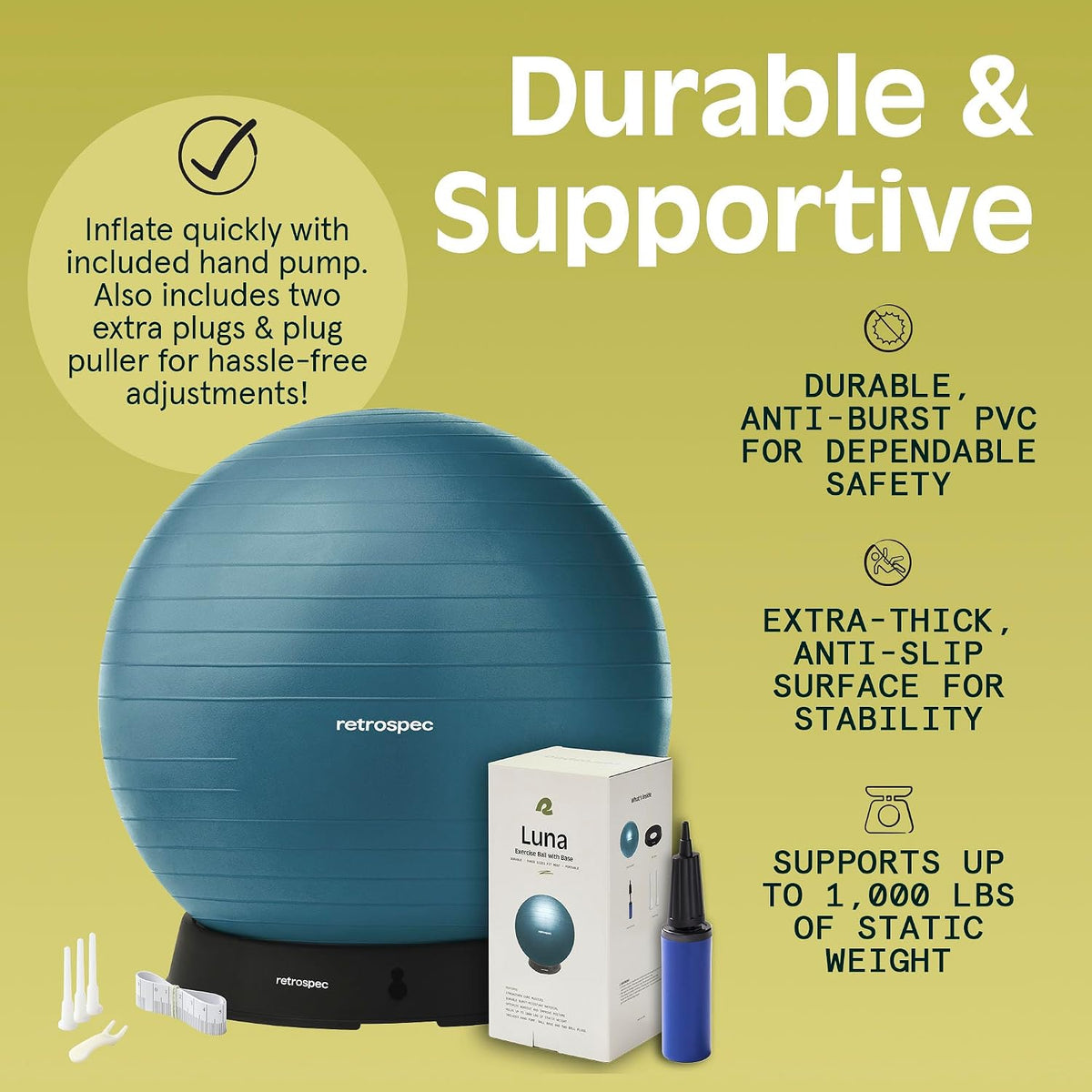 Retrospec Luna Exercise Ball and Base Only- Anti-Burst Fitness Equipment for Yoga, Core Training & Stability - Home Gym Swiss Ball for Office & Pregnancy