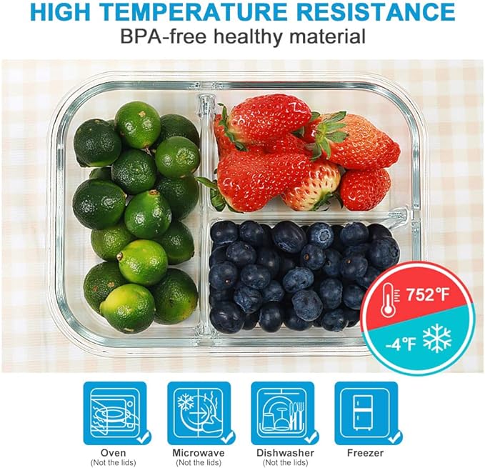 DAS TRUST 3 Pack Bento Box Glass Meal Prep Containers 3 Compartment Glass Food Storage Containers with Lids Lunch Box Meal Prep Bowls Glass Food Prep Containers Lunch Container Oven Safe