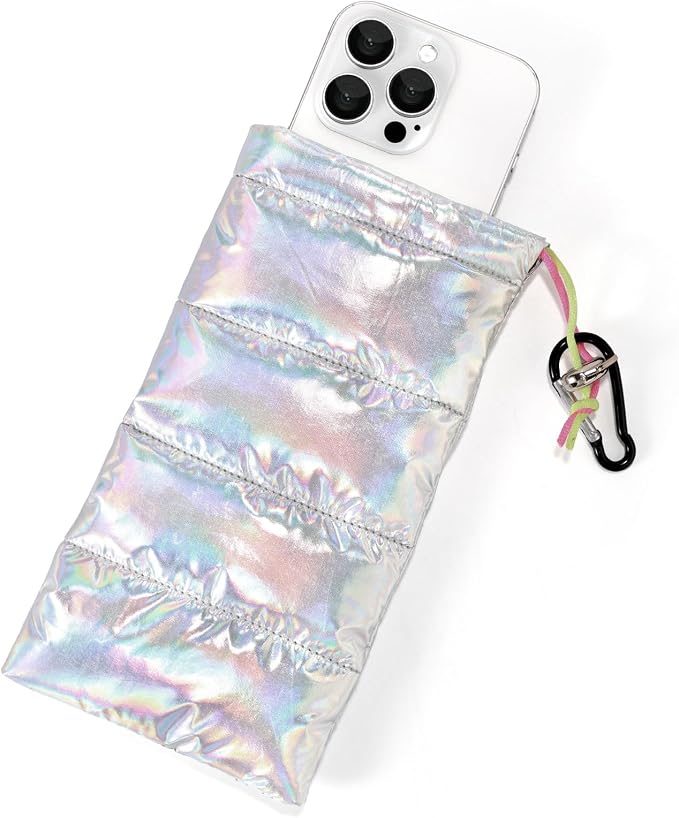Lyreh Thermal Phone Case, 7.48x4.13in Down Cotton Thermal Warm Cellphone Pouch with Drawstring and Carabiner Clip Outdoor Phone Cover Bags Accessory for Overheating Cooling Sun Protection