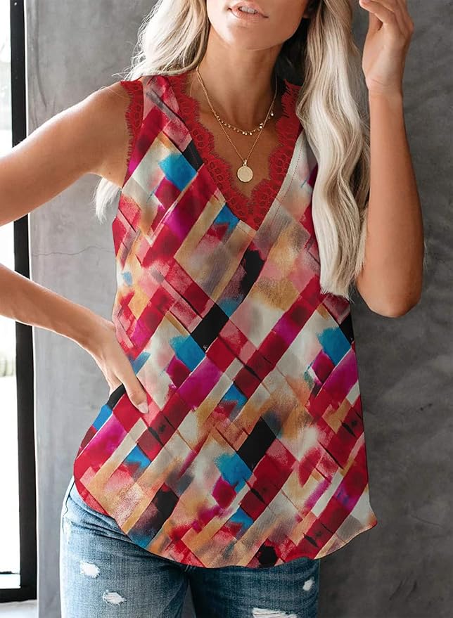 VIISHOW Women Ladies Sexy V Neck Lace Trim Tank Tops Dressy Camisole Casual Loose Sleeveless Chiffon Blouse Shirts