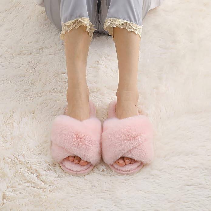 Evshine Women's Fuzzy Slippers Cross Band Memory Foam House Slippers Open Toe