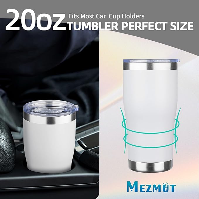 MEZMUT 20oz Coffee Tumbler with Lid and Straw Double Wall Vacuum Insulated Cup Stainless Steel Travel Mugs Insulated for Hot Cold Leakproof Powder Coated Tumbler for Indoor Outdoor(White, 4)