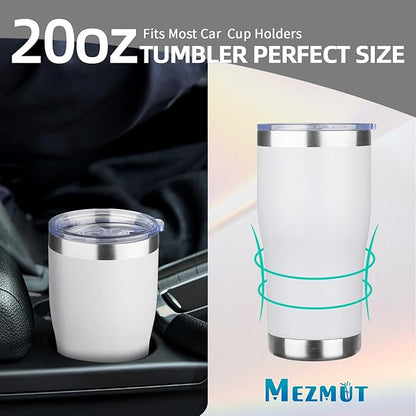 MEZMUT 20oz Coffee Tumbler with Lid and Straw Double Wall Vacuum Insulated Cup Stainless Steel Travel Mugs Insulated for Hot Cold Leakproof Powder Coated Tumbler for Indoor Outdoor(White, 4)