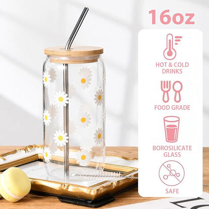 ANABIUP Cute Glass Cups with Lid, Daisy Flower Iced Coffee Smoothie Matcha Cup Tumbler Birthday Gifts for Women Sister Friend Her Preppy Teenage Girls Teen Girl Gifts Trendy Stuff Things