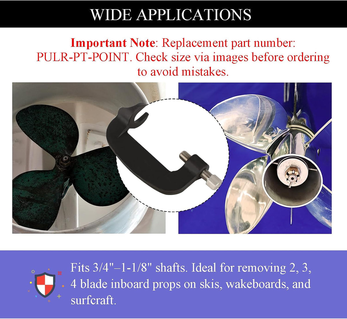 Inboard Propeller Puller for Skis Wakeboards Surfcraft, Inboard Propeller Removal Tool Fits 3/4" to 1-1/8" Shafts, Prop Puller Replace # PULR-PT-Point, C Clamp Puller Inboard