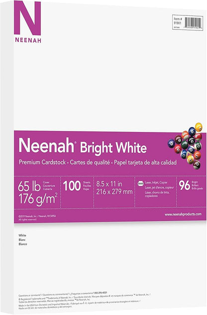 Neenah Printable Multi-Purpose Card Stock, 8-12" x 11", Bright White, Pack Of 100 Sheets