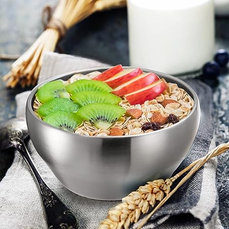 Youeon 3 Pack 28 Oz SUS304 Brushed Stainless Steel Bowls, Double Wall Insulated Bowls, Stainless Steel Soup Bowls, Cereal Bowls, Ice Cream Bowls, 6 inch Bowls Set for Serving, Dishwasher Safe