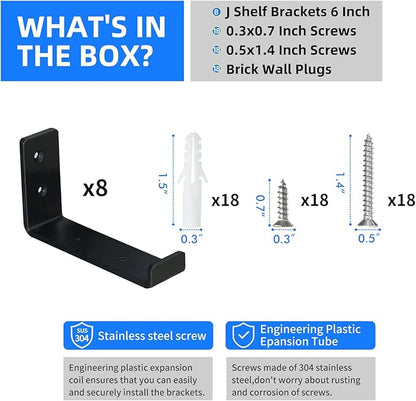HEART ART Black Shelf Bracket 6 inch, Shelf Bracket 8 Pack,J Metal Heavy Duty Shelf Support Brackets,6.3"L4.8"H1.2"W