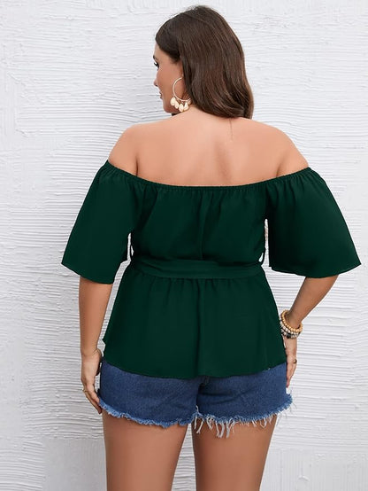 SCOMCHIC Women's Plus Size Off The Shoulder Peplum Blouse Top Half Bell Sleeve Tie Waist Ruffle Hem Babydoll Tops