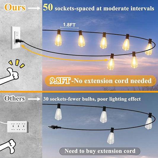 Brightever LED Outdoor String Lights 100FT Patio Lights with 52 Shatterproof ST38 Vintage Edison Bulbs, Outside Hanging Lights Waterproof for Porch, Deck, Garden, Backyard, Balcony, 2700K Dimmable