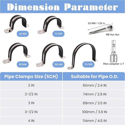 Pipe Clamps,304 Stainless  Rubber Cushioned Heavy Duty Conduit clips (SCH 3 in (89 MM) - 06 Pack)