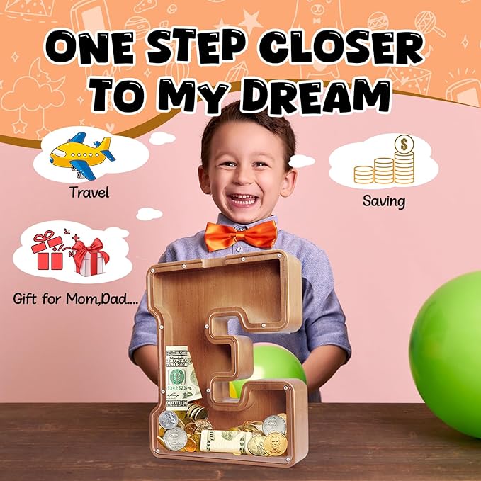UBeesize 12in Extra Large Wooden Piggy Bank,Letter Piggy Bank for Boys Girls,Money Coin Bank for Kids,Christmas,Birthday,Childrens Gift and Home Office Decoration(S)