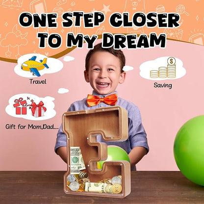 UBeesize 12in Extra Large Wooden Piggy Bank,Letter Piggy Bank for Boys Girls,Money Coin Bank for Kids,Christmas,Birthday,Childrens Gift and Home Office Decoration(S)