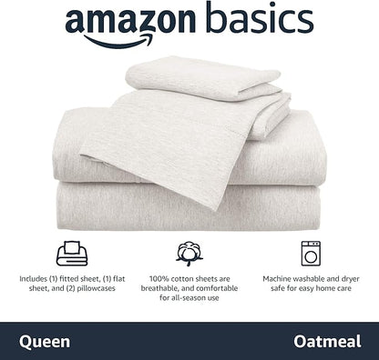 Basics Cotton Jersey 4-Piece Bed Sheet Set, Queen, Oatmeal, Solid