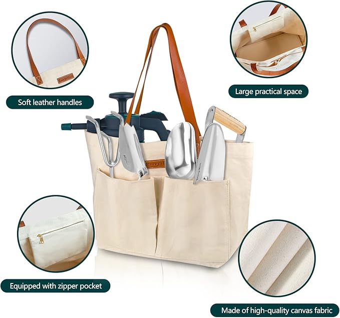 BerryBird Garden Tool Bag, Canvas Garden Tote With Pockets, Wear-Resistant Multi-Purpose Tool Storage Bag, Home Organizer Gardening Tool Kit for Indoor and Outdoor Gardening, 21.65" x 7.09" x 13.78"