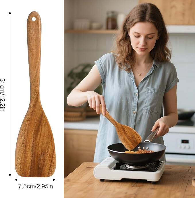 MYRAINBOW Wooden Spatula for Cooking – 12 Inch Wood Spatula with Long Handle, Handmade Wooden Spoon Alternative for Stir Fry, Mixing & Serving