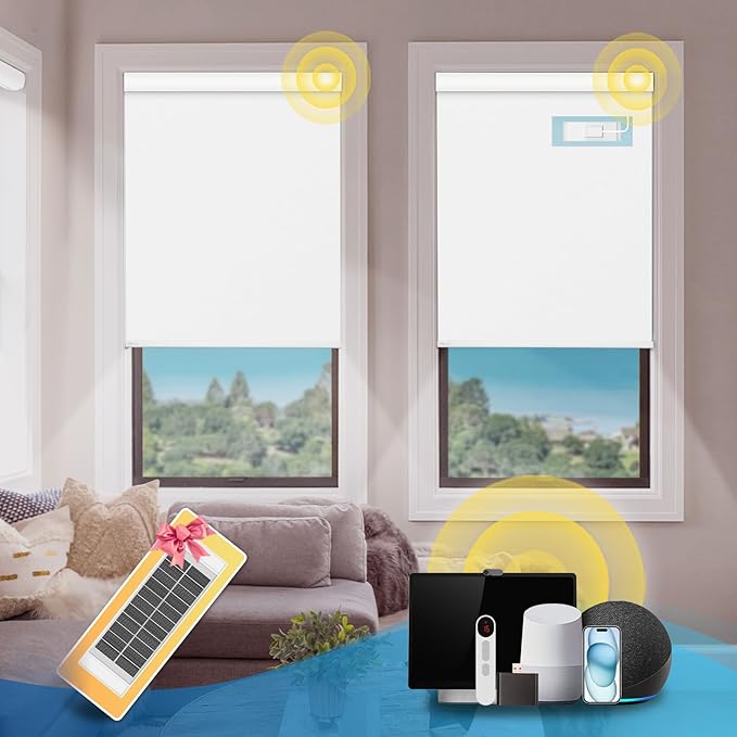 DENFOON Motorized Blinds with Remote,Thermal Electric BlindsSolar Panel,Customizable Automatic Roller Shades, Blackout Remote Control Blinds for Windows Upgrade to Smart Blinds, White,20" W x 72" H