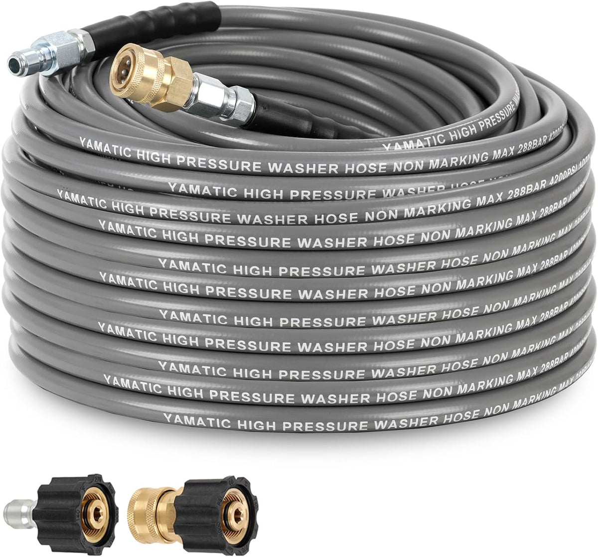 YAMATIC Non Marking 1/4" 4200 PSI Pressure Washer Hose 50 FT for Hot/Cold Water Rubber Wire Braided, Kink Resistant Swivel Quick Connection, Industry Grade for Power Washer, Super Wear Resistant