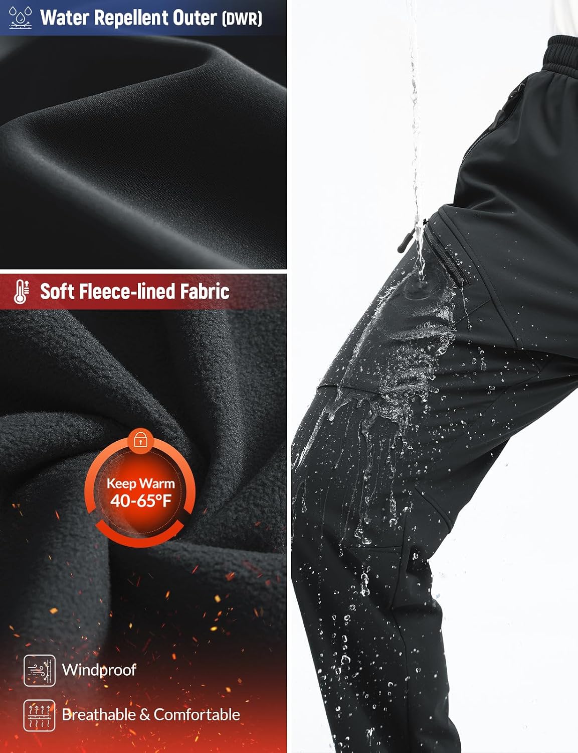 baleaf Men's Fleece Lined Hiking Cargo Pants Softshell Water Resistant Snow Thermal Pants Winter Insulate with Zipper Pocket.