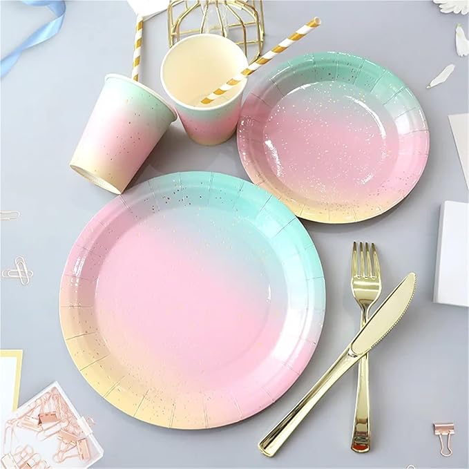 Rainbow Paper Plate Party Party Decoration Dining Plate Cake Plate Circular Plate Cutlery Set(9-Inch Plates 20pcs)