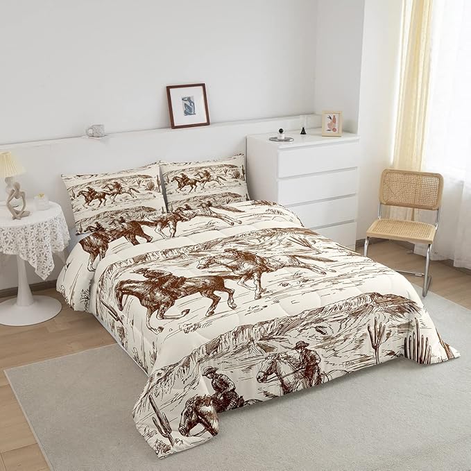 Erosebridal Western Comforter Set Full Size Cowboy Bedding Set American Wild West Desert Hand Drawn Illustration Down Comforter Country Theme Bedroom Decor Duvet Set for Boys Men Teens