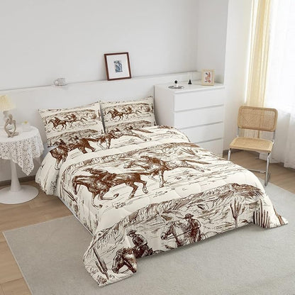 Erosebridal Western Comforter Set Full Size Cowboy Bedding Set American Wild West Desert Hand Drawn Illustration Down Comforter Country Theme Bedroom Decor Duvet Set for Boys Men Teens