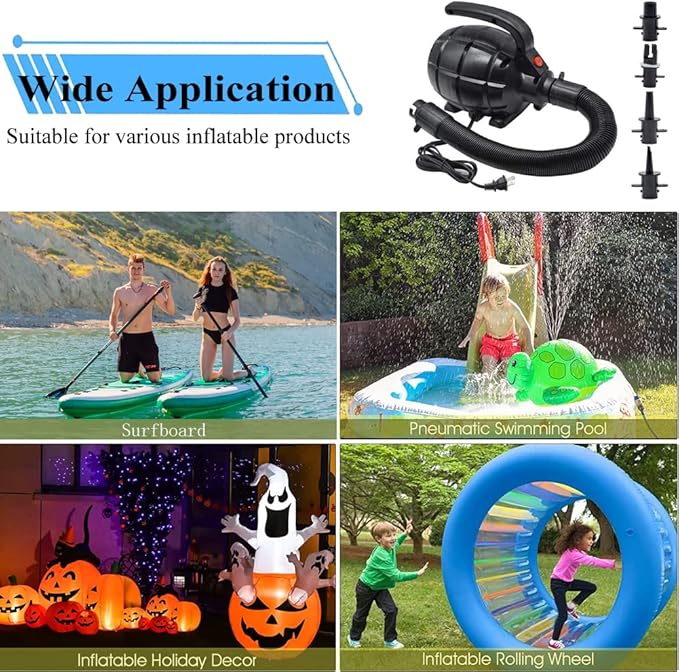 Electric Airpump for Inflatable Tumble Track Gymnastics Mat, Air Roller Barrel, Swimming Ring, Bed, Pool Toy, Inflatables Raft Boat Electric Pump with 4 Nozzles(AC 110-120V(500W))