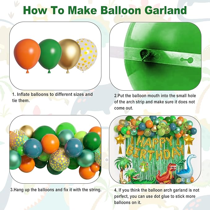 Dinosaur birthday party decoration supplies, 125 pieces of dinosaur balloons, green, orange, blue, happy birthday balloon garland arch kit, balloon curtain of