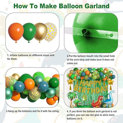Dinosaur birthday party decoration supplies, 125 pieces of dinosaur balloons, green, orange, blue, happy birthday balloon garland arch kit, balloon curtain of
