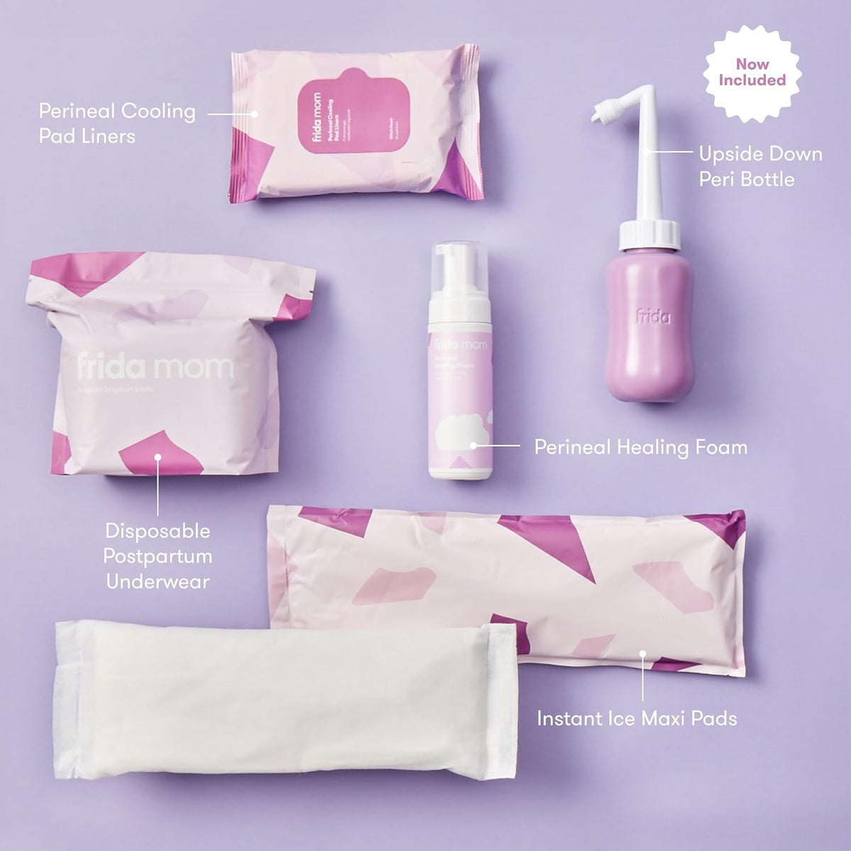 Frida Mom 11pc Postpartum Essentials Kit, Hospital Bag Basics for New Mom Disposable Underwear, Ice Maxi Pads, Perineal Healing Foam, 24 Pad Liners & Peri Bottle for New Moms