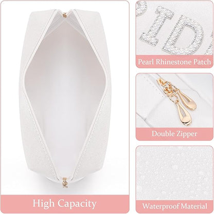 Etercycle Bride Letter Makeup Bag, Bride To Be Gifts Bling Pearl Rhinestone Patch Cosmetic Bag, Waterproof PU Travel Toiletry Bag for Bachelorette Party Women Wedding Bridal (Silver)