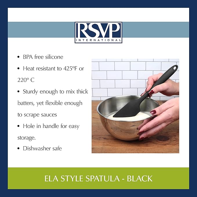 RSVP International (ESP-WH) Ela's Favorite Silicone Spatula, Black, 11"  BPA-Free Silicone  Scrape Batters, Flip Eggs, Ice Cakes,  More  Dishwasher Safe  Heat Resistant  Cooking, Baking  More