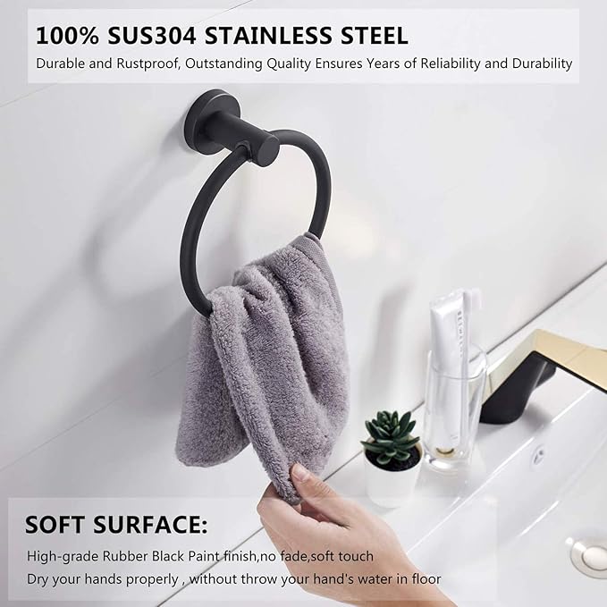 BGL 304 Stainless Steel Towel Ring Hanging Round Simple Black Towel Circular Holder