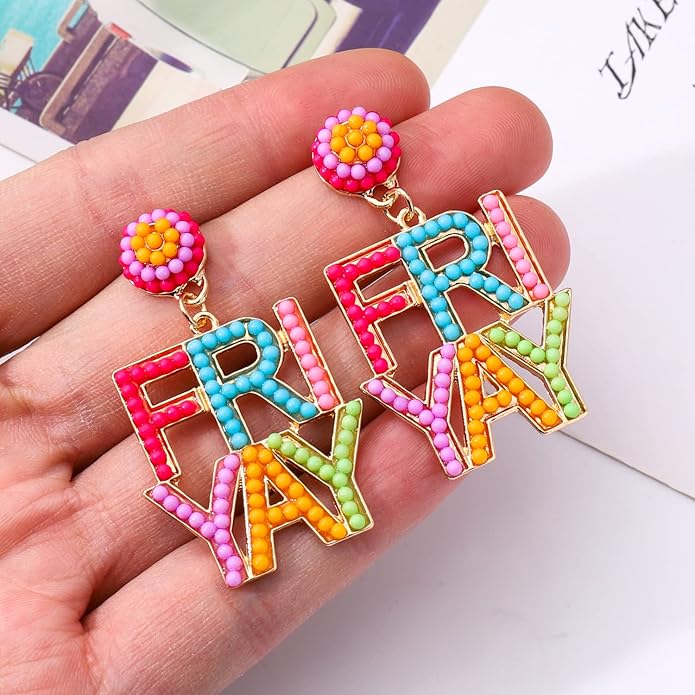 PHALIN Teacher Earrings for Women Beaded Teacher Drop Earrings Delicate Rhinestone Letter FRI-YAY Books Dangle Earrings Colorful Teacher Appreciation Gift