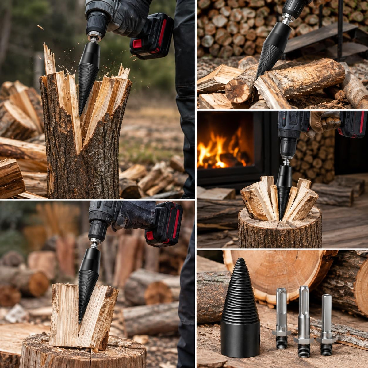 Electric Log Splitter Drill Bit 32mm Wood Splitting Cone Bit with 3 Handle Types Steel Wood Cracking Tool for Firewood Splitting Outdoor Camping Farm Use Heavy-Duty Efficiency