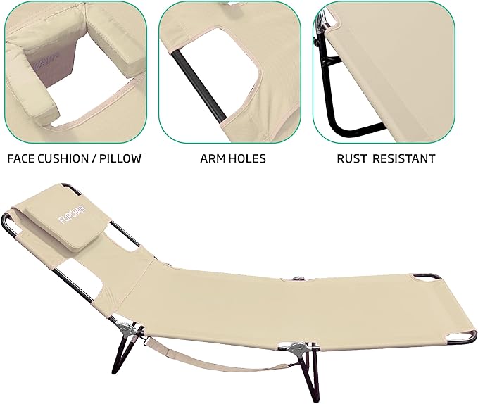 Face Down Tanning Chaise Lounge Chair - Face & Arm Holes - 2 Legs Support - Polyester Material - Backrest Positions - Head Rest Pillow - Beach or Home Use - Read and Tan - Tan Stripes Pattern