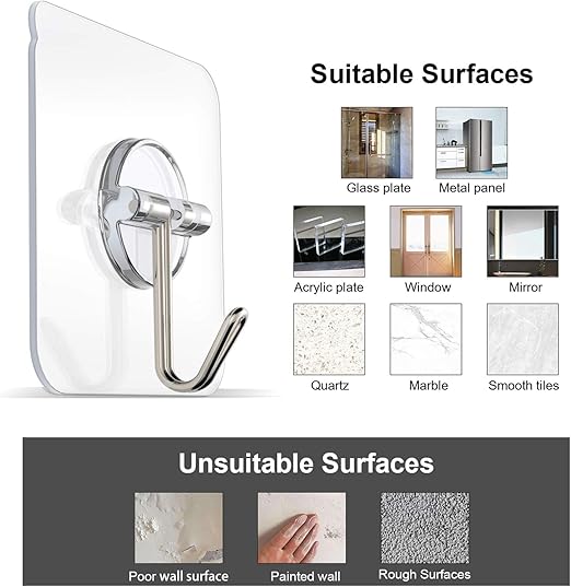 Adhesive Hooks, Removable Wall Hooks 13 LB Ceiling Hooks Transparent Seamless Hooks Waterproof and Oil Proof for Cabinet Kitchen Bathroom Ceiling Office Window 10 Pack