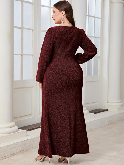 CYCLAMEN Plus Size Formal Maxi Dress Sparkly Ruched Puff Sleeve V Neck Slit Cocktail Wedding Guest Prom Evening Gown.
