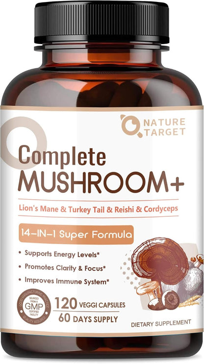 NATURE TARGET 14-in-1 Mushroom Supplement - Mushroom Complex with Lion's Mane, Cordyceps, Reishi & Turkey Tail - Caffeine-Free Energy, Memory & Immune Support - Vegan, 120 Capsules