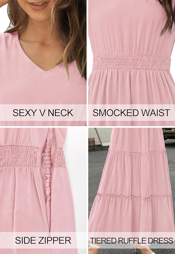 Zattcas Womens 2025 Long Summer Dress Short Flutter Sleeve V Neck Casual Smocked Tiered Modest Floral Boho Maxi Dress