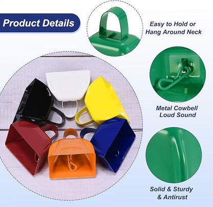 PATIKIL 2pcs Cow Bells for Football Games, 3inch Cowbells for Sporting Events Bulk Loud Noise Makers Metal Cow Bell with Handle for Cheering Competition Marathon Wedding, Green