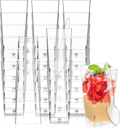 Kucoele 50 Pack 3oz Mini Dessert Cups with Spoons, Square Tall Shooter Cups Clear Plastic Party Serving Cups for Parfait, Appetizer, Pudding, Yogurt and Ice Cream