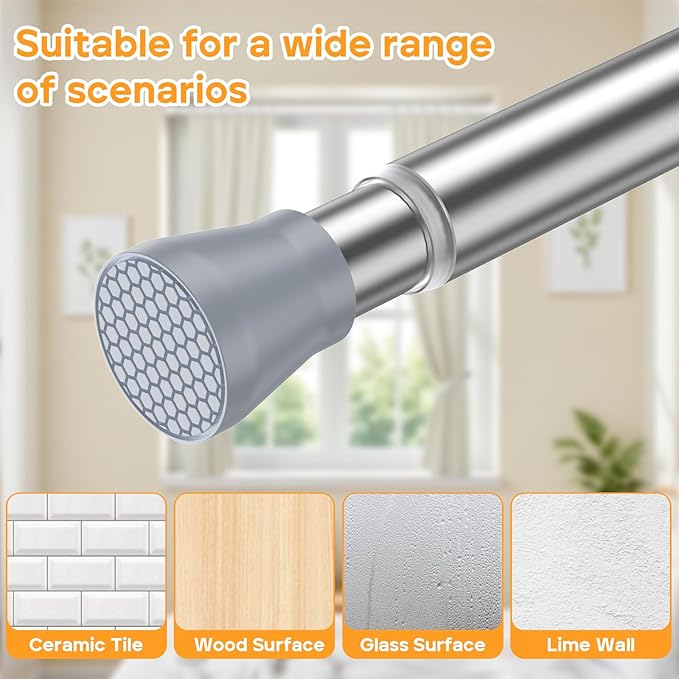 Adjustable Tension Curtain Rod 28-48 Inch, Silver Spring Loaded No Drill Non-Slip Window Curtain Rod for Bathroom, Shower, Dorm