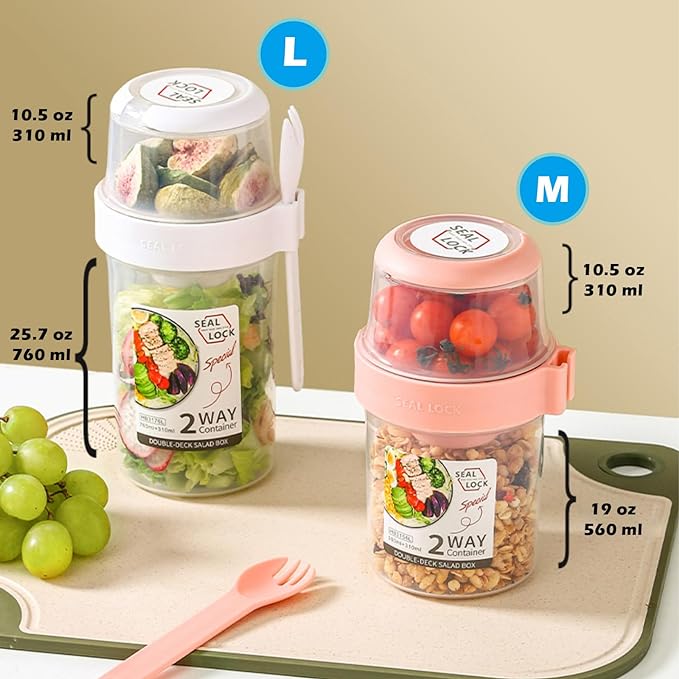 Breakfast On The Go Cups, Salad Cup To Go, Take And Go Yogurt Cereal Overnight Oats Snack Parfait Containers & Salad Dressing Holder With Fork For Lunch, Fruit & Vegetable Jar(Pink,36.2oz)