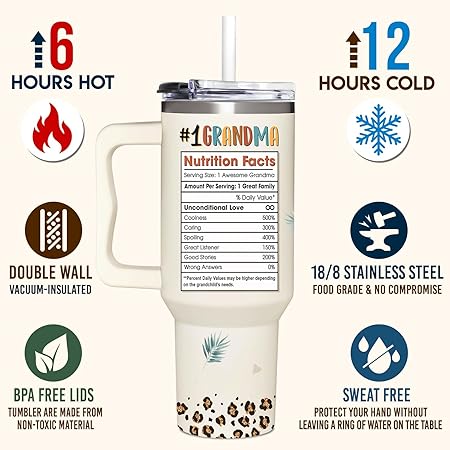 Grandma Gifts from Grandkids, Granddaughter, Grandson, Grandchildren - Practical Mothers, Birthday, Christmas, Ideas Gifts for Grandma Tumbler 40oz with Handle  Straw