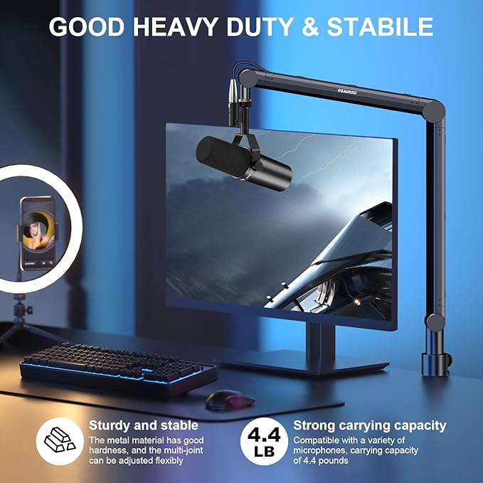 Aokeo Mic Arm, Boom Arm Microphone Stand Desk with Mount Clamp Cable Management Channels Detachable Riser 5/8" Thread Adapter for Blue Yeti Snowball Hyper X QuadCast SoloCast AT2020 Shure SM7B MV7